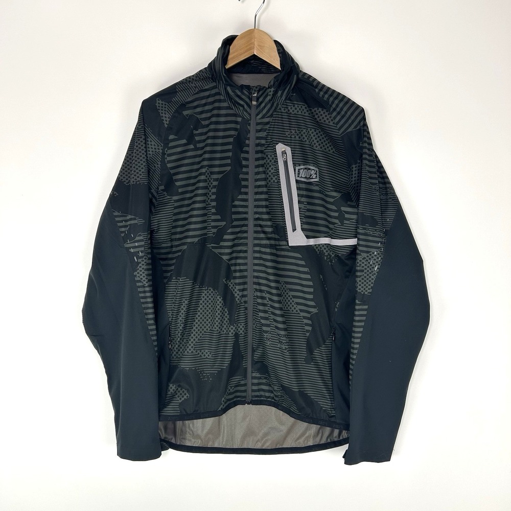 100% Cycling Jacket Men Medium Black Striped Camo Pattern Bike Windbreaker‎ Hood
